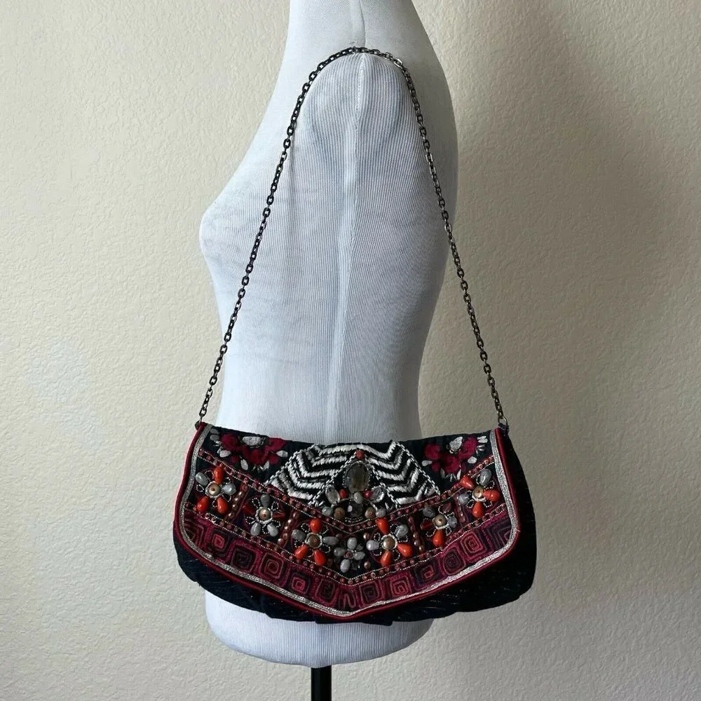 Chicos Beaded Handbag Embroidered‎ Boho Purse NEW